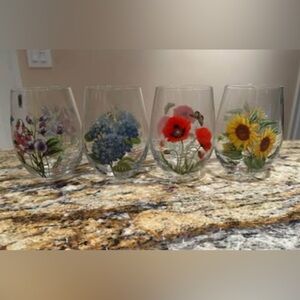 New Portmeirion Set of 4 Botanic Garden Floral Flower Stemless Wine Glasses